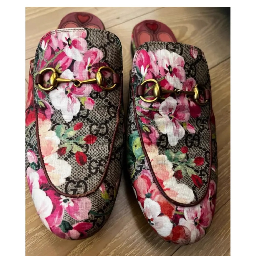 Gucci Princetown Pink Bloom Floral Print GG Monogram Canvas Loafers Mules Flats - Picture 3 of 5